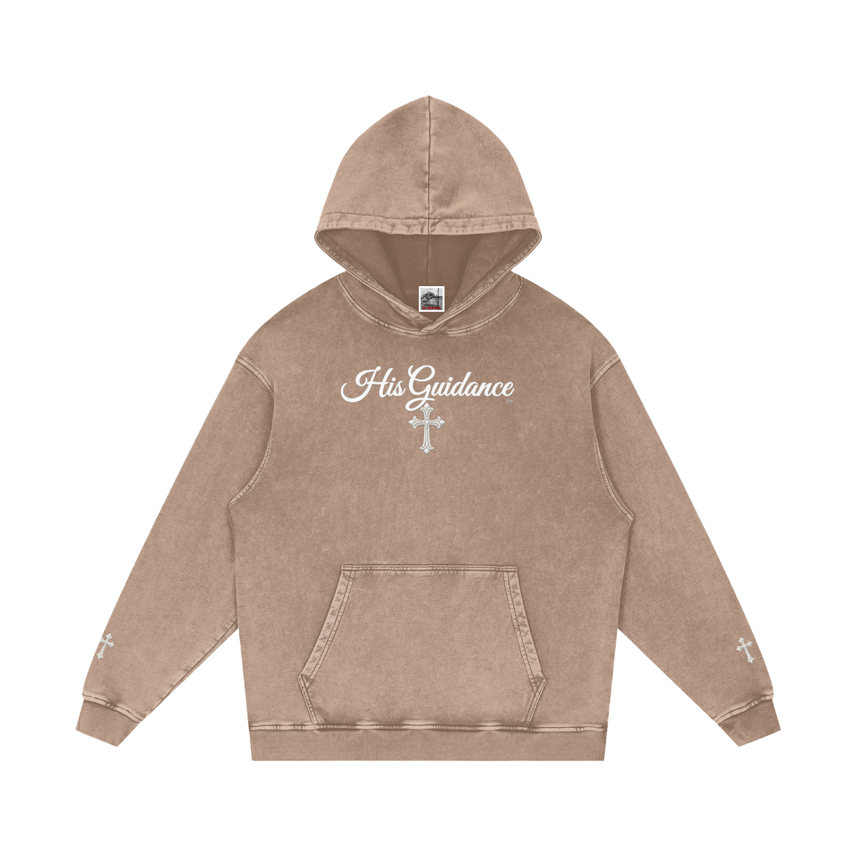 "His Guidance" Snow Washed Loose Cotton Hoodie (Cross on Sleeves)