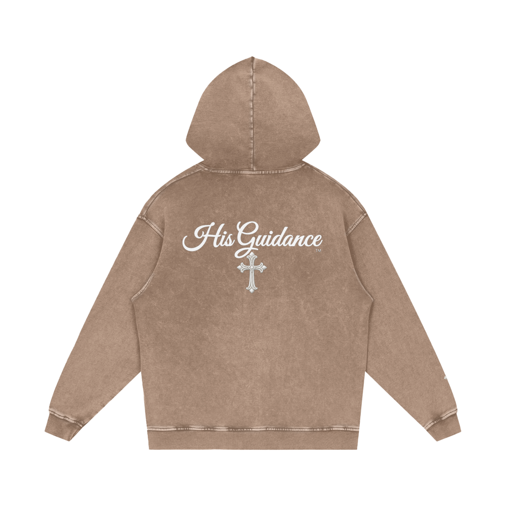 "His Guidance" Snow Washed Loose Cotton Hoodie (Cross on Sleeves)