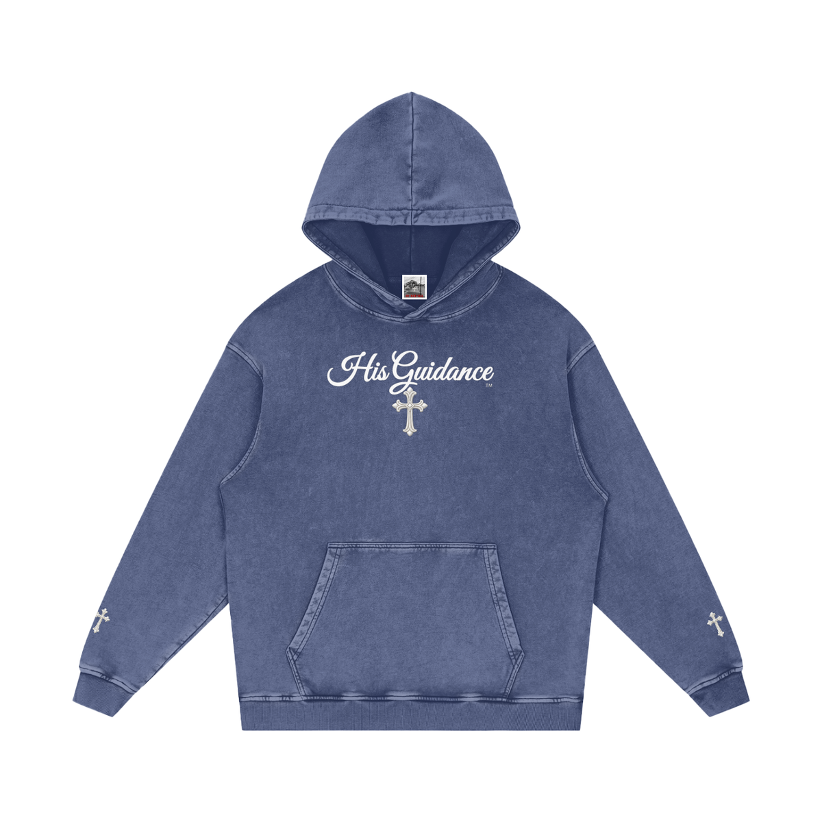 "His Guidance" Snow Washed Loose Cotton Hoodie (Cross on Sleeves)