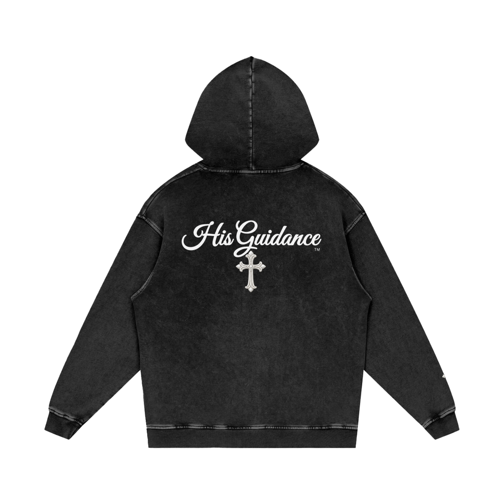 "His Guidance" Snow Washed Loose Cotton Hoodie (Cross on Sleeves)