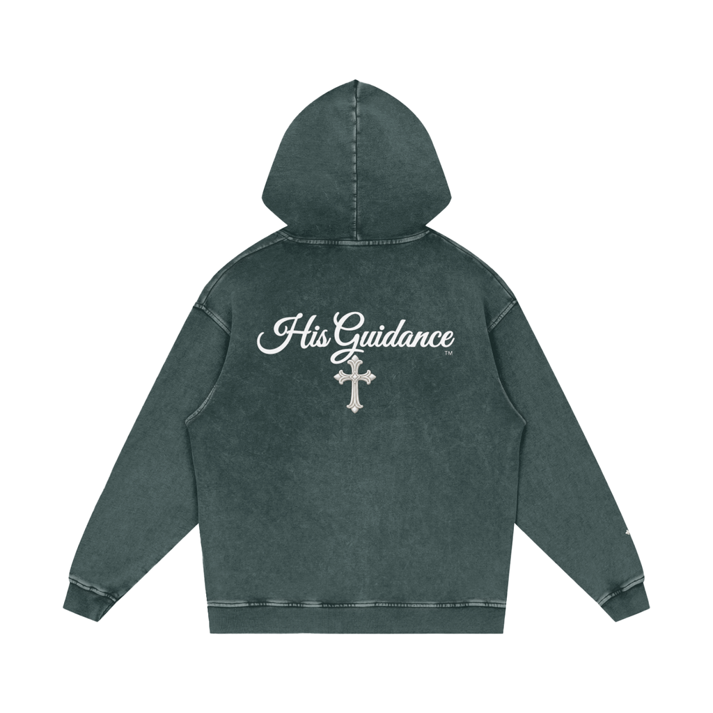 "His Guidance" Snow Washed Loose Cotton Hoodie (Cross on Sleeves)