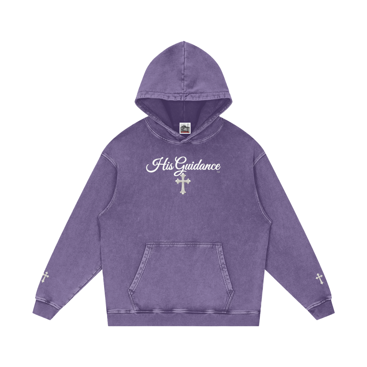 "His Guidance" Snow Washed Loose Cotton Hoodie (Cross on Sleeves)