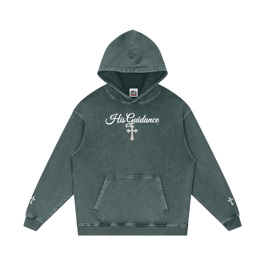 "His Guidance" Snow Washed Loose Cotton Hoodie (Cross on Sleeves)