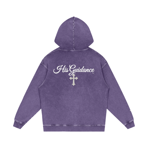 "His Guidance" Snow Washed Loose Cotton Hoodie (Cross on Sleeves)