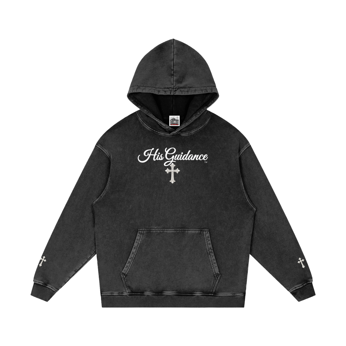 "His Guidance" Snow Washed Loose Cotton Hoodie (Cross on Sleeves)