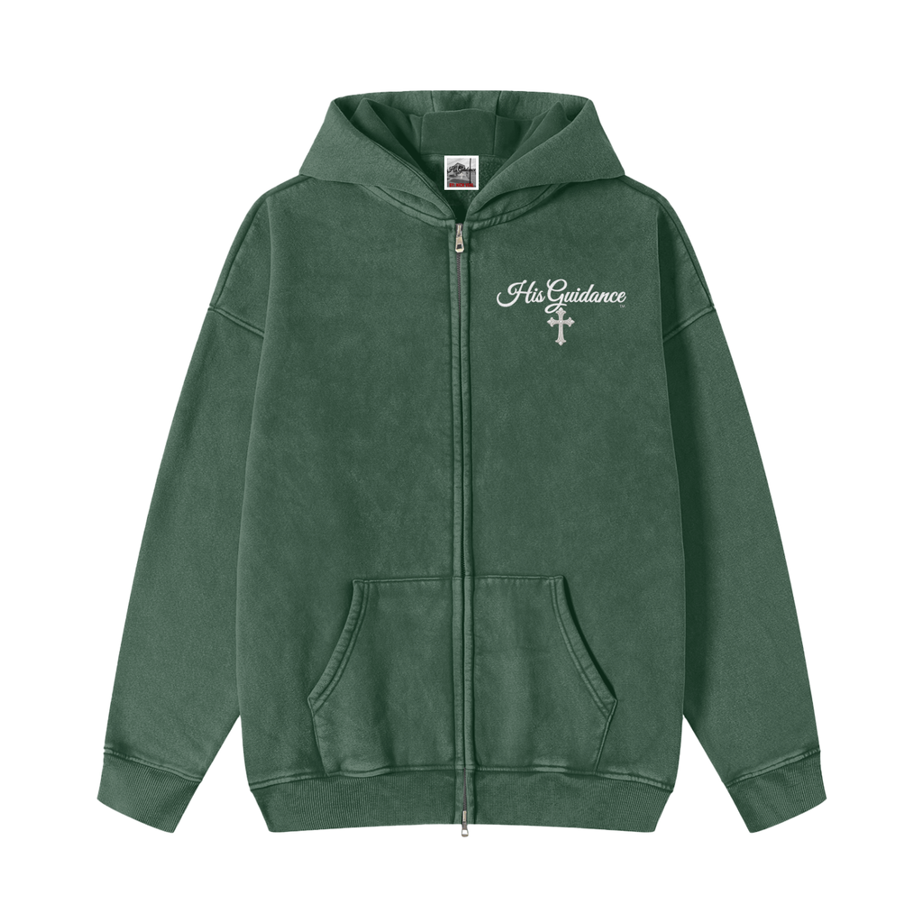 "His Guidance" Snow Washed Zip-Through Fleece Hoodie