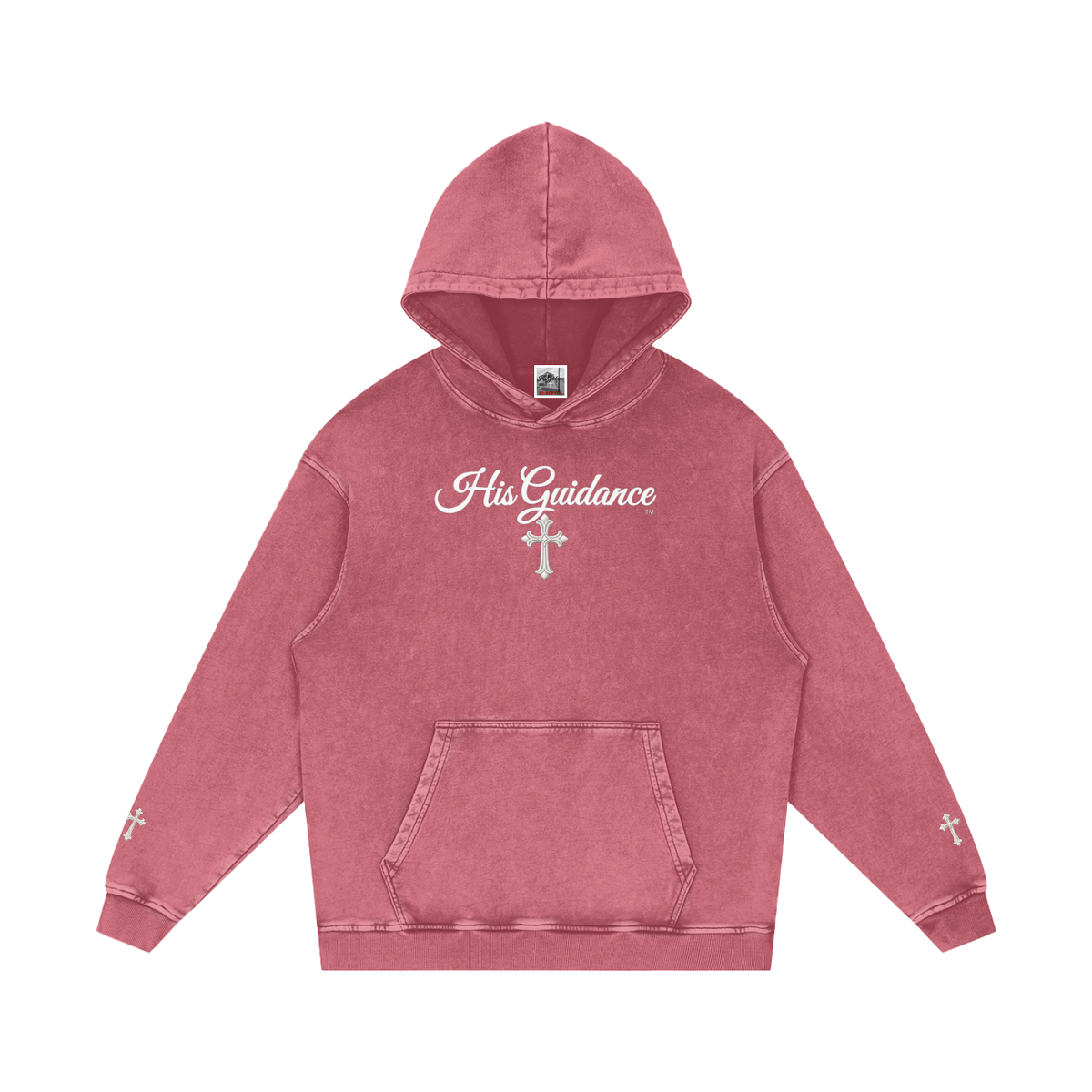 "His Guidance" Snow Washed Loose Cotton Hoodie (Cross on Sleeves)