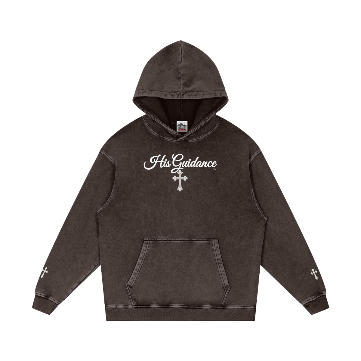 "His Guidance" Snow Washed Loose Cotton Hoodie (Cross on Sleeves)