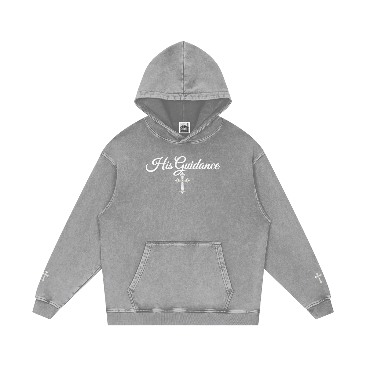 "His Guidance" Snow Washed Loose Cotton Hoodie (Cross on Sleeves)