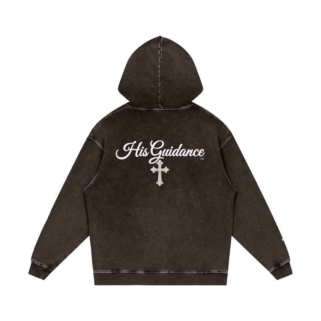 "His Guidance" Snow Washed Loose Cotton Hoodie (Cross on Sleeves)