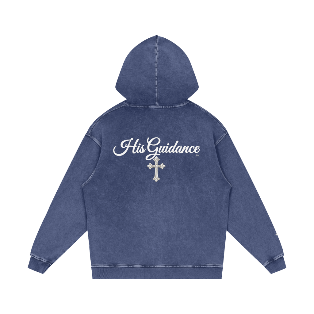 "His Guidance" Snow Washed Loose Cotton Hoodie (Cross on Sleeves)